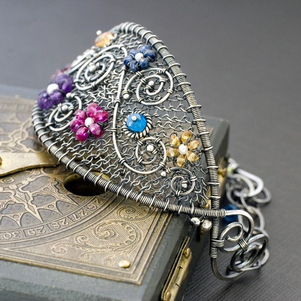 Wildflowers Cuff Bracelet - Multigemstone, Intricate Wirework