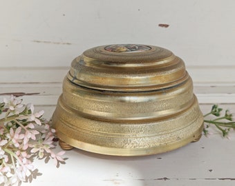 Vintage Musical Metal Powder Puff Box | 1940s Victorian Vanity Box