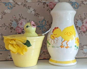 Large Vintage Spring Salt or Pepper Shaker With a Yellow Chick Smelling a Flower