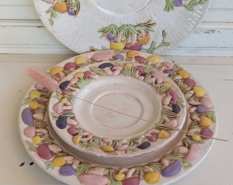 Vintage 1970s Ceramic Mushroom Plates in Pastel Colors, Pink, Purple, Green, and Yellow Set of Three Decorative Plates