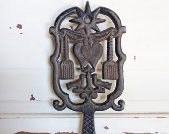 Vintage Iron Trivet with Hearts and Birds