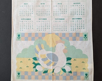 Vintage 1991 Calendar Tea Towel by Royal Pacific | Cottagecore Pastel Hen Calendar Wall Hanging