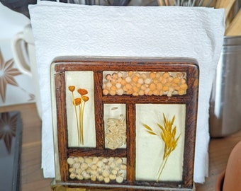 Vintage Lucite Napkin Holder with Embedded Grains and Flowers | 1960s Acrylic Kitchen Decor