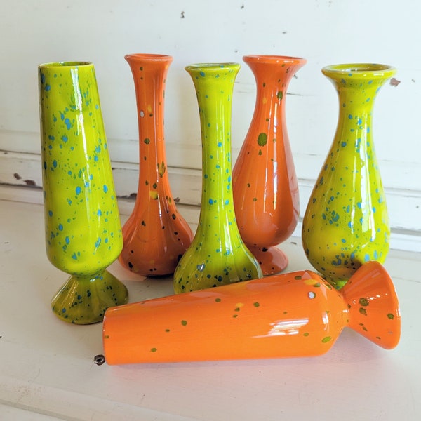 Vintage Ceramic Vases | Retro Orange and Green Speckled Splatter Glaze Bud Vases and Blue and Green Drip Glaze Bud Vase