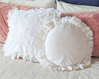 Vintage White-on-White Candlewicking Embroidered Pillows