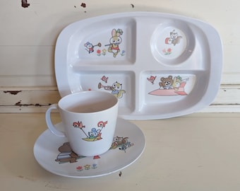 Vintage Noritake Children's Dish Set | Melamine Ware Divided Tray, Plate, and Cup