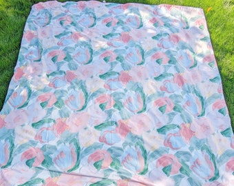 Vintage 1980s Queen Size Pink Floral Flat Sheet | Dan River Pink, Green, Blue, Yellow, and White Sheet