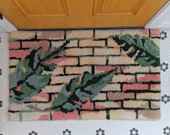 Vintage Latch Hook Boho Rug With Monstera Leaves and Pink, Green, and Blue Colors