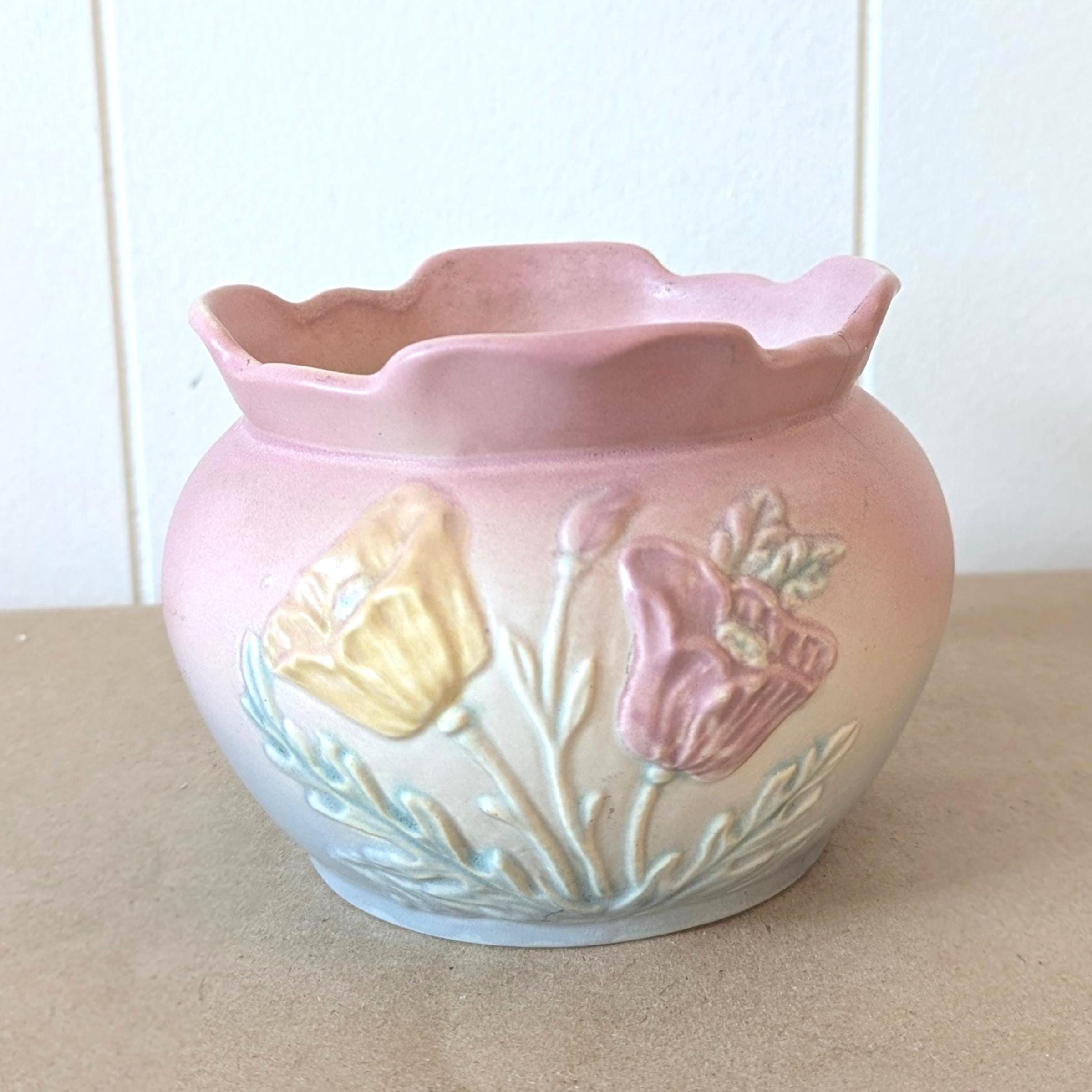 Vintage Flower Pot Hull Pottery Fishbowl Planter Pot Jardiniere Pink Yellow and Green Poppy Houseplant Planter Gift For Plant Lovers