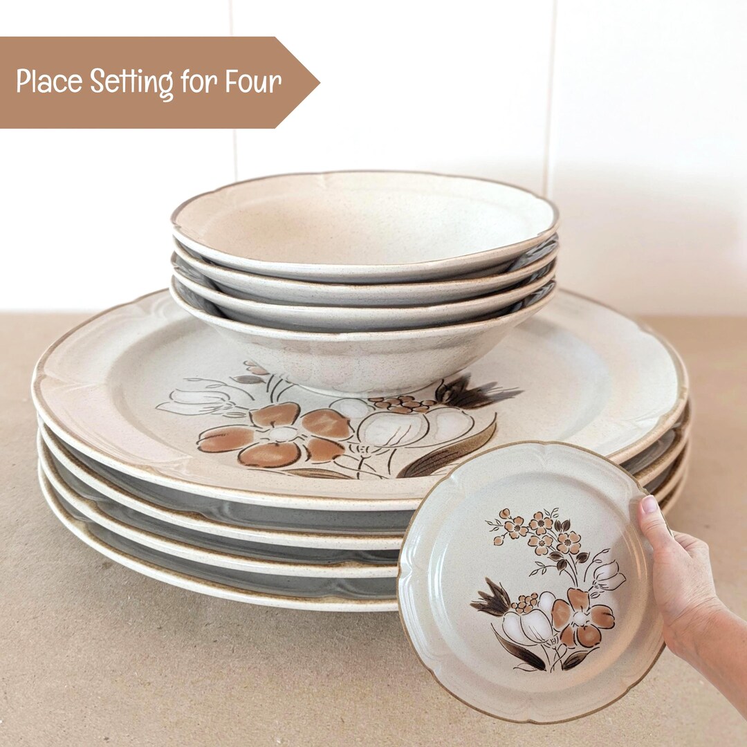 Vintage Brown Dishes 1970s Cottagecore Floral Plate and Bowl Set of ...