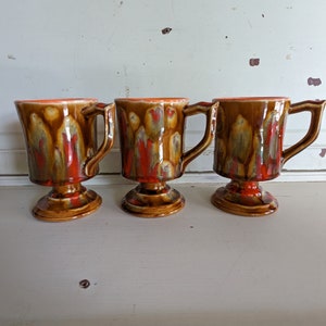 Vintage Seventies Coffee Mugs Pedestal Brown and Orange Splatter Design Ceramic Coffee Cups image 5