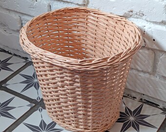 Mid Century Vintage Pink Wicker Waste Basket | Pink Cottagecore Garbage Can Basket