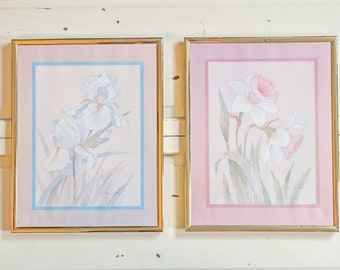 Vintage Elissa Johns Framed Pastel Flower Prints | Pink Daffodils and White Iris Flowers