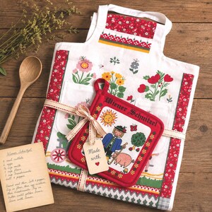 Vintage Kitchen Apron Set, Folk Art Wiener Schnitzel Pot Holder, Red and White Kitsch Decor