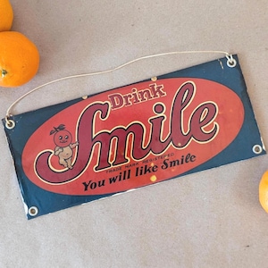 Vintage Advertising Sign Smile Orange Soda Decor Wall Art for Kitchen Retro Beverage Memorabilia Collectors Gift for Orange Soda Lover
