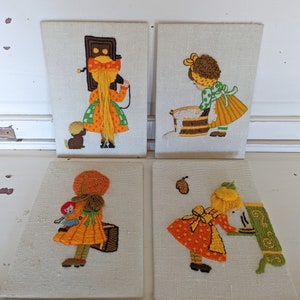 Set of Four Vintage Orange Crewel Embroidered Pictures | Little Girls Doing Household Chores