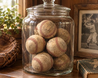 Vintage Baseballs Set of 6, Retro Man Cave and Game Room Decor, Glass Jar Bowl Filler