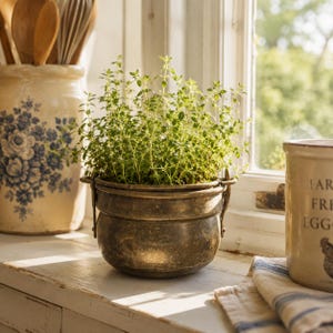 Vintage Brass Cauldron Planter with Swing Bail Handle, Indoor Plant Pot for Farmhouse Cottagecore Windowsill Decor