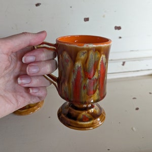 Vintage Seventies Coffee Mugs Pedestal Brown and Orange Splatter Design Ceramic Coffee Cups image 1