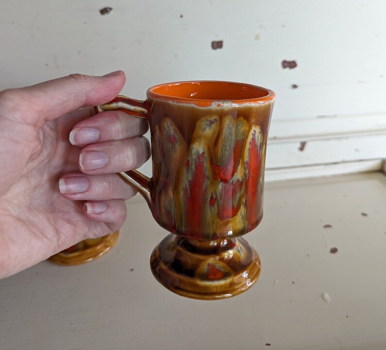 Vintage Seventies Coffee Mugs Pedestal Brown and Orange Splatter Design Ceramic Coffee Cups image 1