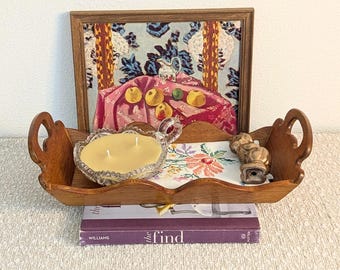 Cottagecore Vintage Decor Bundle, Curated Grandmacore Gift Set with Scalloped Wood Tray, Framed Still Life Art, Hand Embroidered Linen