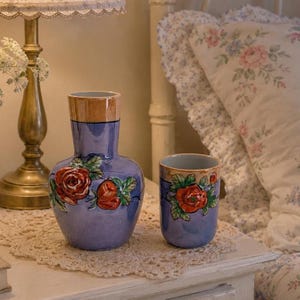 Vintage Blue Lusterware Bedside Carafe - Hand Painted Tumble-Up Set with Raised Roses