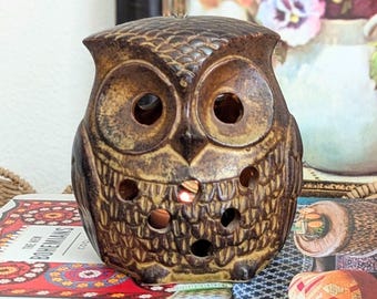 Vintage Owl Lantern, Stoneware Mid Century Tabletop Tea Light Candle Holder, Boho Woodland Animal Decor