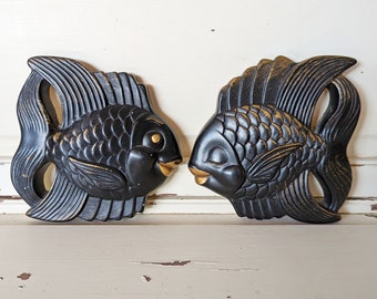 Vintage 1950s Black Chalkware Fish Wall Hangings | Girl and Boy Kissing Fish