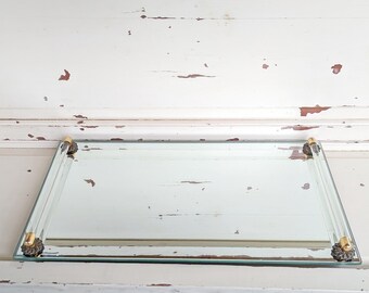 Beautiful Vintage Mirror Vanity Tray With Glass Handles and Gold Details