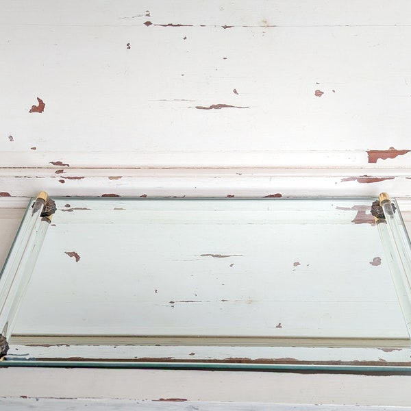 Beautiful Vintage Mirror Vanity Tray With Glass Handles and Gold Details