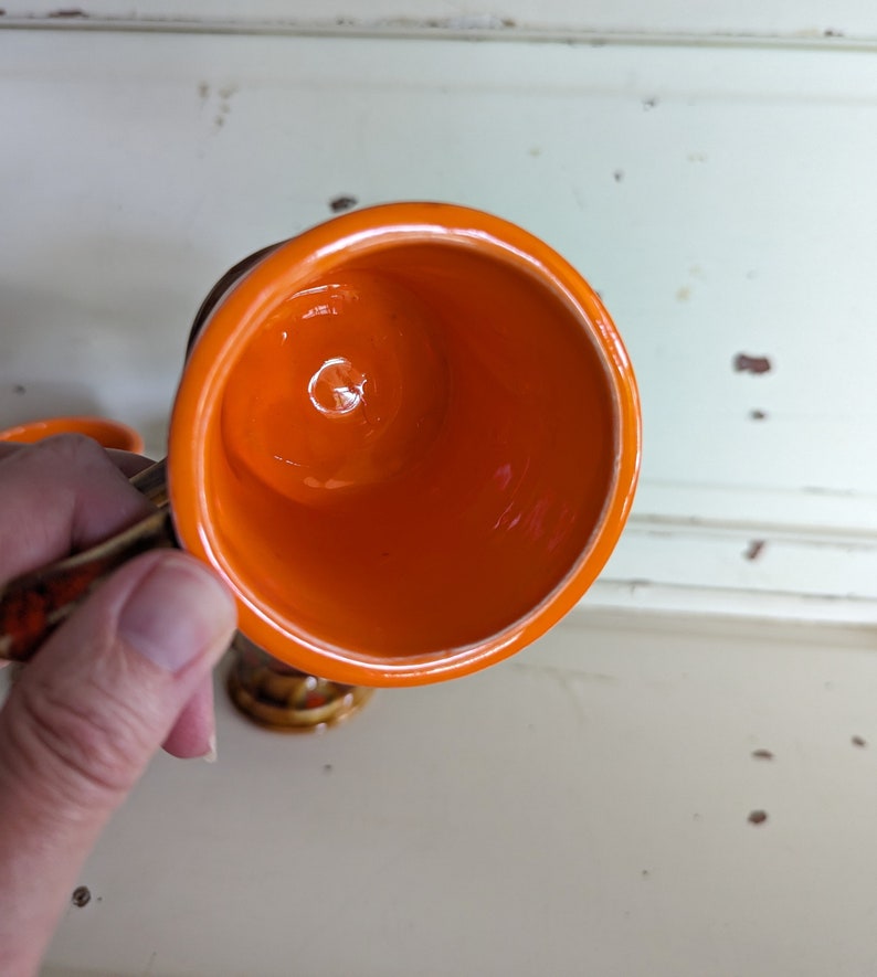 Vintage Seventies Coffee Mugs Pedestal Brown and Orange Splatter Design Ceramic Coffee Cups image 6