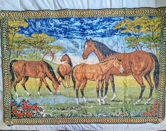 Vintage MCM Velvet Horse Tapestry Wall Hanging