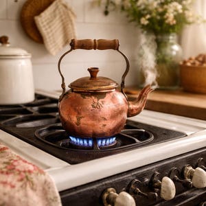 May include: A copper kettle with a wooden handle is steaming on a gas stove. The kettle is round with a spout and a lid. The stove is black and white, and the flame is blue. A white canister and a floral patterned cloth are in the background.