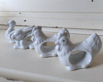 Vintage Porcelain Farmhouse Napkin Rings | Chicken, Duck, and Rabbit Napkin Rings