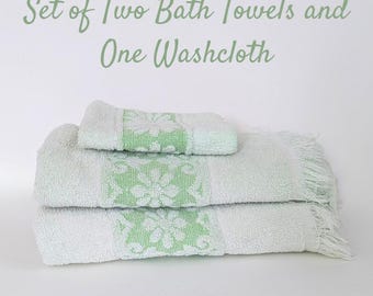 Vintage Bathroom Towel Set Mint Green 1980s Cottagecore Bath Linen