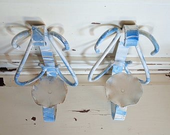 Vintage Iron Scroll Candle Sconces with Dipped Tie Dyed Paint | Blue Wall Hanging Candle Holders