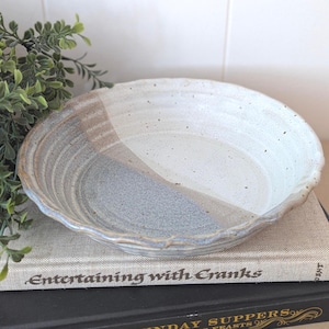 Vintage Studio Pottery Pie Plate Handmade Baking Dish in Blue and Beige Rustic Ceramic Bakeware Cottagecore Kitchen Decor Gift for Bakers
