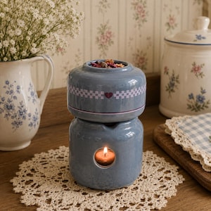 Vintage Blue Ceramic Potpourri Pot, Cottagecore Tealight Candle Warmer