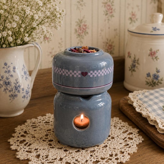 Vintage Blue Ceramic Potpourri Pot, Cottagecore Tealight Candle Warmer