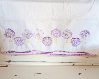 Vintage Embroidered Pansy Pillowcase