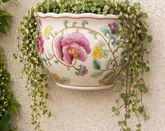 Vintage Planter Chinese Famille Rose Hand Painted Chinoiserie Wall Hanging Plant Pot
