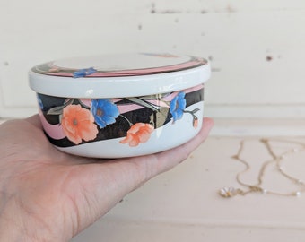 Vintage 1980s Ceramic Lidded Trinket Box, Covered Porcelain Bowl, Korean Floral Ceramic Dish