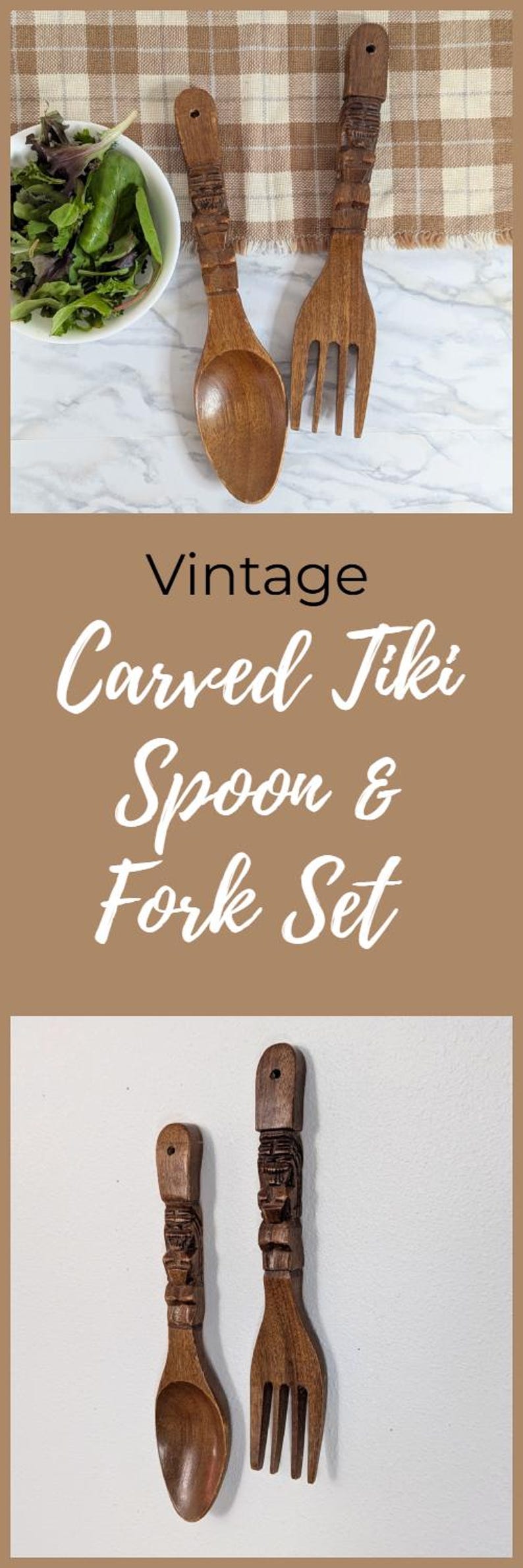 Vintage Carved Tiki Spoon & Fork Set