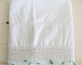 Vintage White Pillowcase with Crochet Green and White Trim | Ready to Embroider Pillowcase