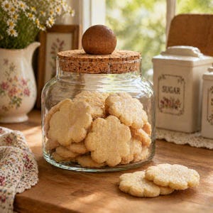 May include: A clear glass jar filled with flower-shaped cookies, topped with a cork lid and a brown sphere. The jar sits on a wooden surface, with a floral pitcher and sugar container in the background.