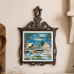 Vintage 1970s Cast Iron Trivet Tile Wall Hanging, Farmer's Home Winter Hot Plate Farmhouse Kitchen Decor