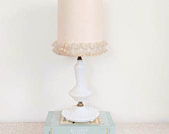 Vintage Hobnail Milk Glass Lamp with Shade Cottagecore Plug in Lighting