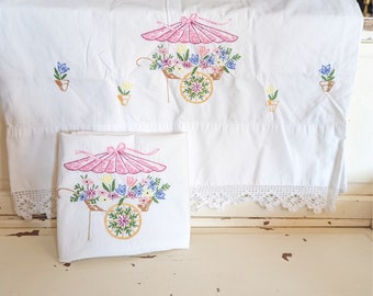 Set of Two Vintage Embroidered Pillowcases | Flower Cart and Potted Flowers