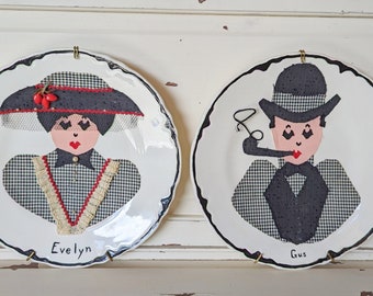 Vintage Kitsch Gus and Evelyn Decorative Plates | Felt Man and Woman Plates