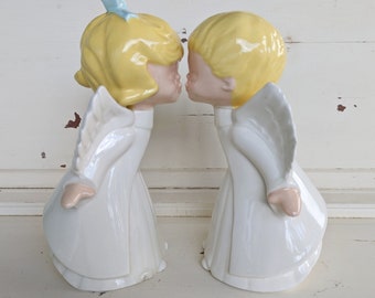 Vintage Ceramic Kissing Angel Couple | Boy and Girl Kissing Angels Figurines